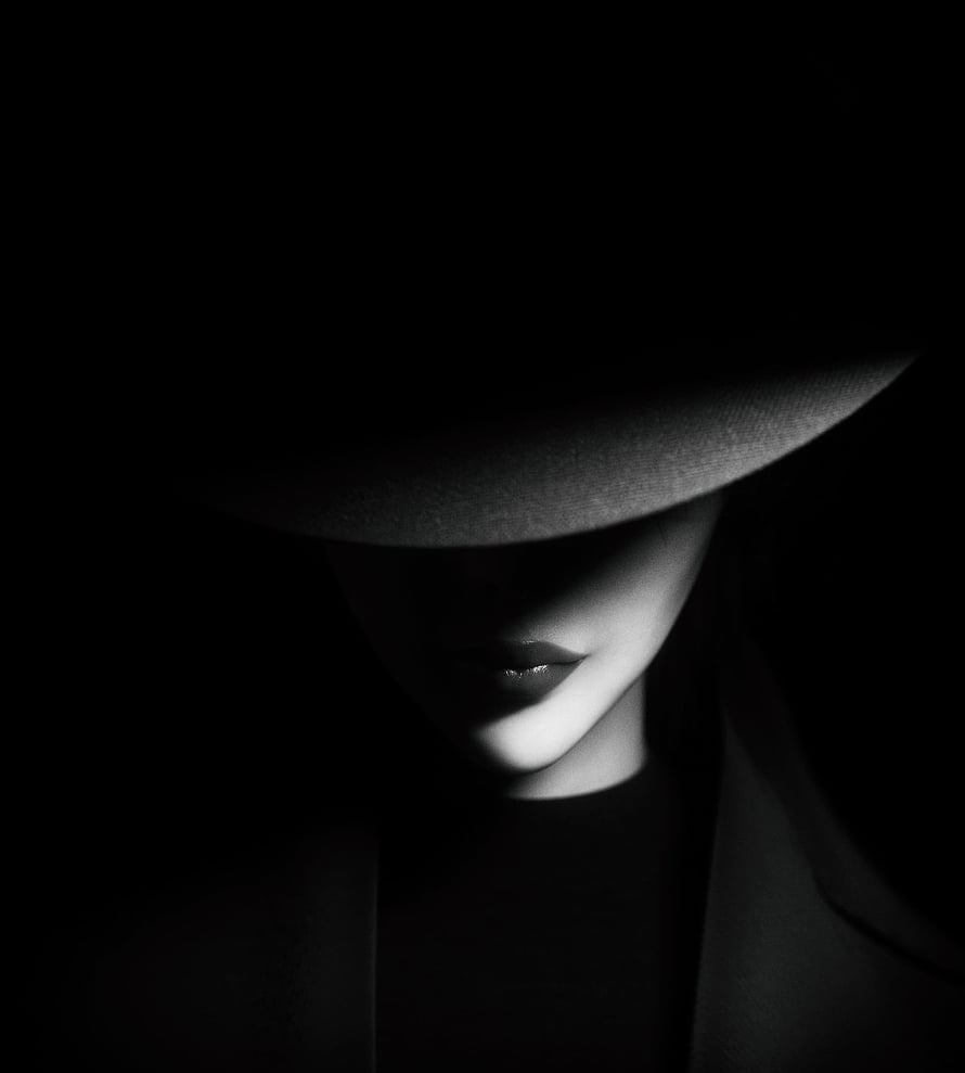 Mysterious Woman in Wide-Brimmed Hat with Dramatic Black and White Shadows HD phone wallpaper