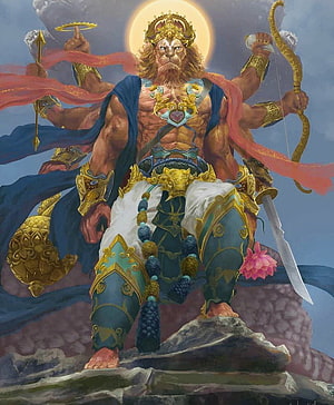 Narasimha Avatar of Lord Vishnu in Fierce Lion-Human Form with Multiple Arms and Divine Weapons, Vikas Chopra - Narasimha Bhagavan was 4th incarnation of Bhagavan Vishnu Narasimha Jayanti is observed on Vaishakha Shukla Chaturdashi Bhagwan Vishnu appeared in the avatar of Narasimha(half lion&half human)-a fierce form, Angry Vishnu HD phone wallpaper