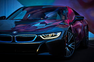 Black BMW i8 Coupe with Neon Blue and Pink Lighting HD wallpaper