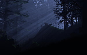 Misty Forest at Night with Silhouetted Animals on a Hilltop HD wallpaper