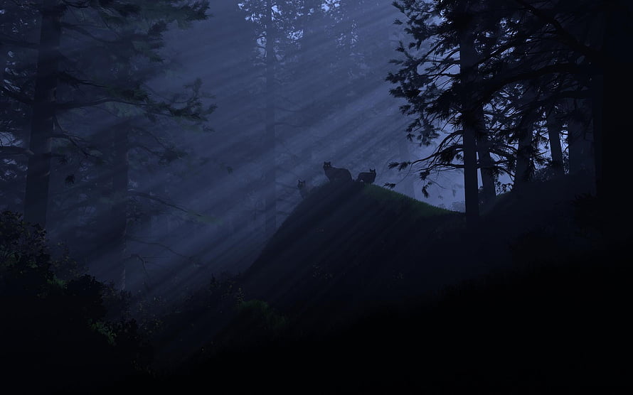 Misty Forest at Night with Silhouetted Animals on a Hilltop HD wallpaper