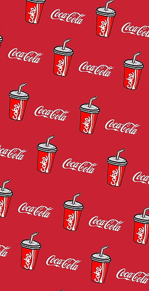 Coca-Cola Red Patterned Wallpaper Featuring Repeating Logo and Cup Illustrations HD phone wallpaper