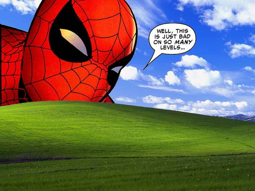 Spider-Man Peeking Over Windows XP Bliss Hill Meme HD wallpaper