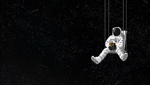 Astronaut Sitting on a Swing in Deep Space Holding a Bouquet of Flowers HD wallpaper