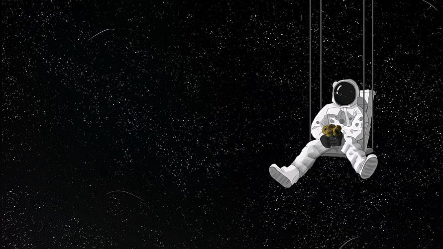Astronaut Sitting on a Swing in Deep Space Holding a Bouquet of Flowers HD wallpaper
