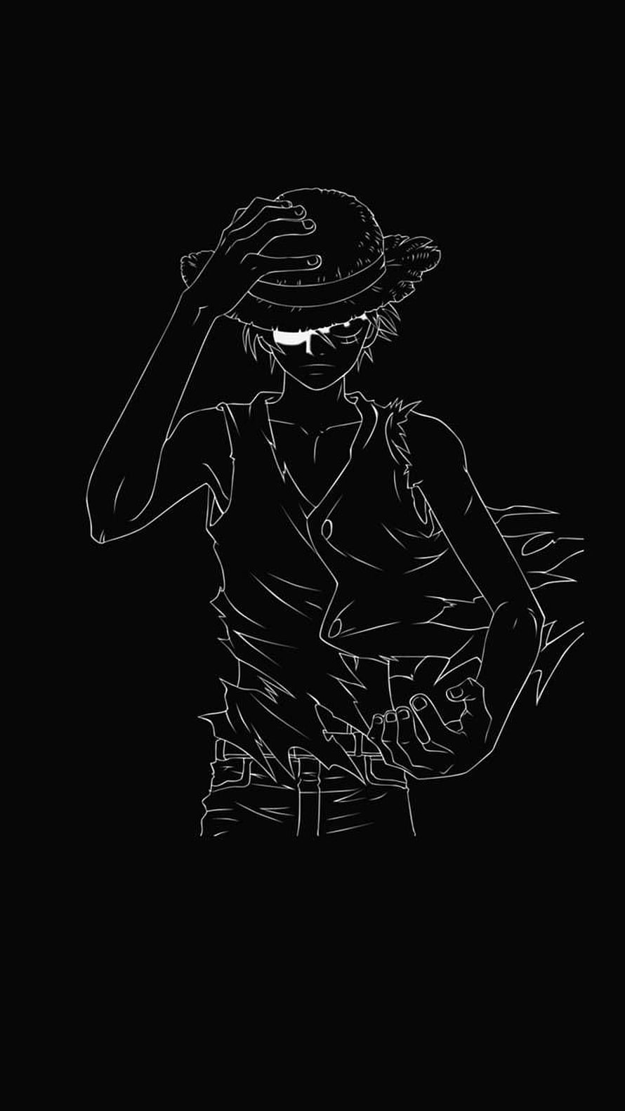 One Piece Luffy Dark Line Art Portrait on Black Background HD phone wallpaper