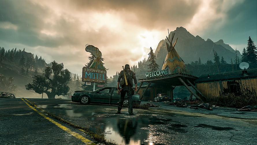 Days Gone Post-Apocalyptic Roadside Scene with Lone Survivor at Frontier Motel HD wallpaper