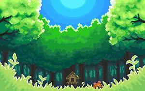 Stylized Pixel Art Forest Scene Featuring a Small Cabin and a Fox in a Lush Green Landscape HD wallpaper