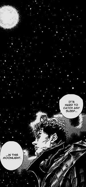 Guts from Berserk gazing at the moon under a starry night sky in black and white manga panel HD phone wallpaper