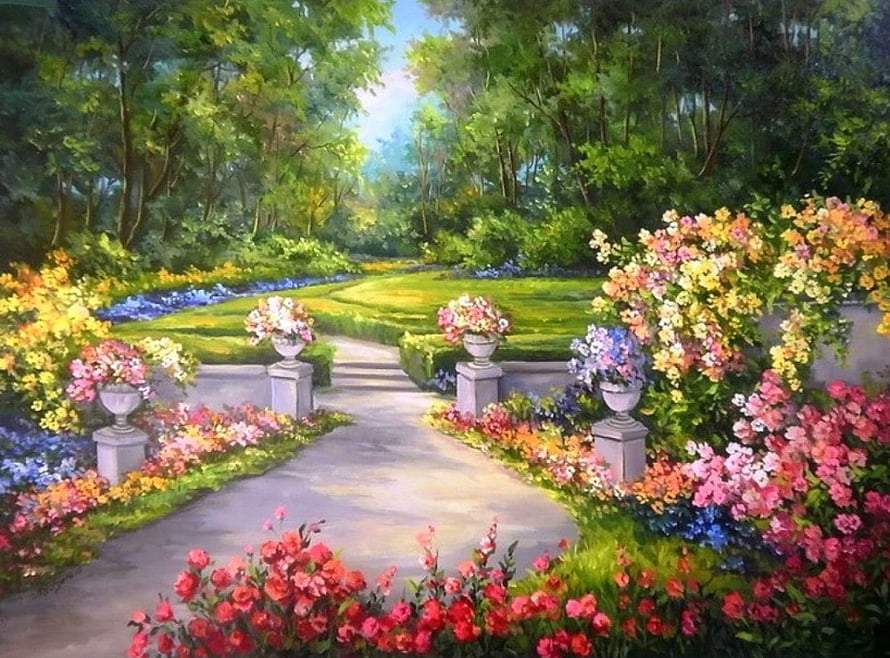 Painted Garden Path With Stone Urns And Vibrant Summer Flower Beds HD wallpaper