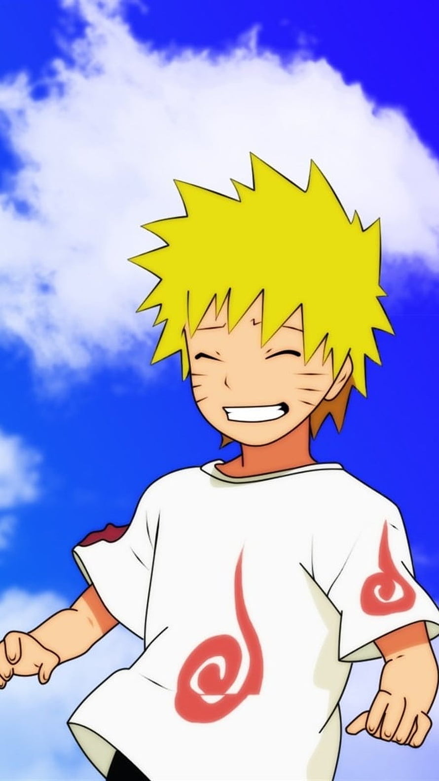 Young Naruto Uzumaki Smiling Under a Bright Blue Sky in White Shirt HD phone wallpaper