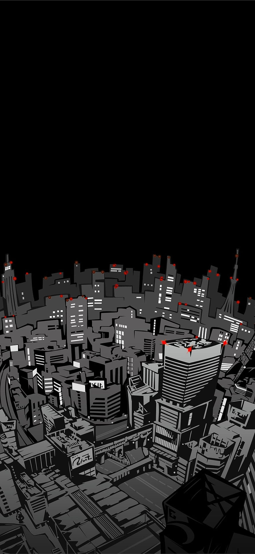 Persona 5 Monochrome Cityscape with Red Accents and Dark Sky HD phone wallpaper