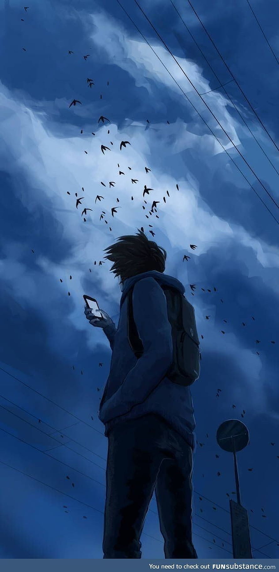 Lonely Anime Boy Holding Phone Under Stormy Sky With Flocking Birds HD phone wallpaper