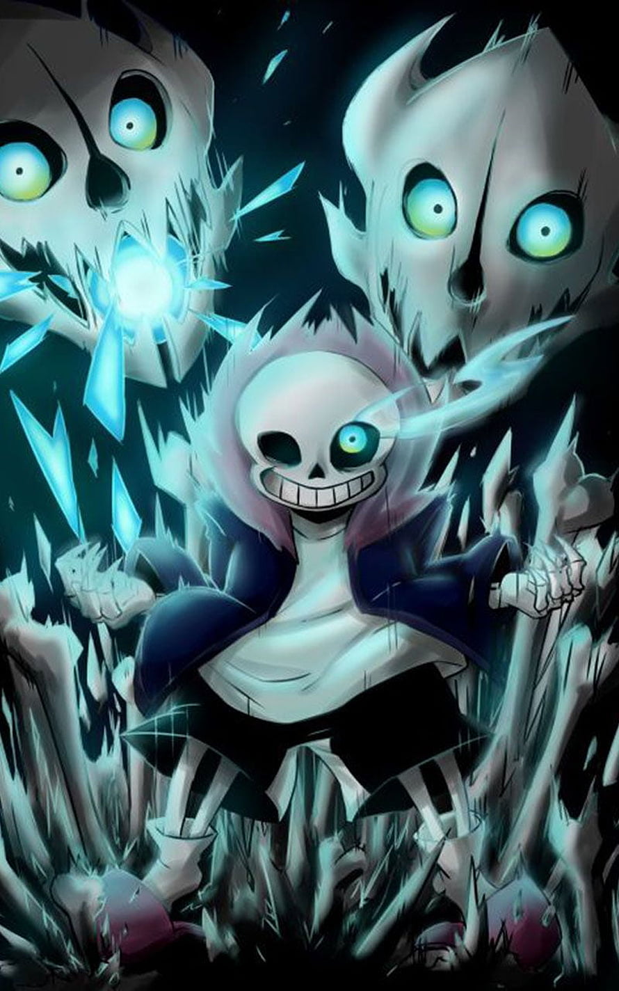 Epic Sans from Undertale in a Dark Fantasy Battle Scene with Glowing Blue Energy and Skeletal Figures HD phone wallpaper