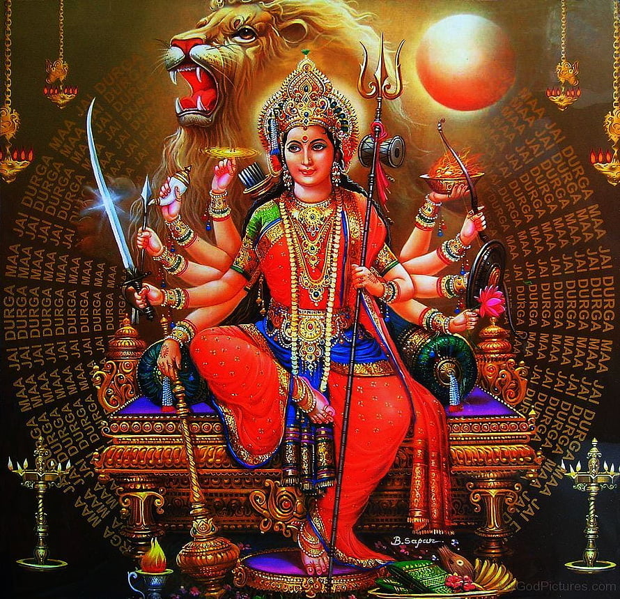 Maa Durga Devi Seated on Lion Throne with Multiple Arms and Divine Weapons HD wallpaper