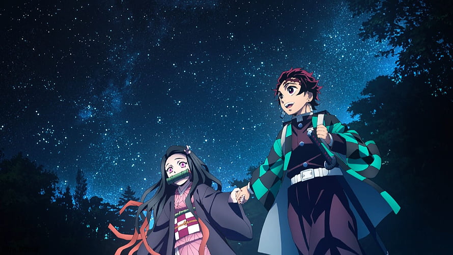 Tanjiro and Nezuko from Demon Slayer Holding Hands Under a Starry Night Sky HD wallpaper