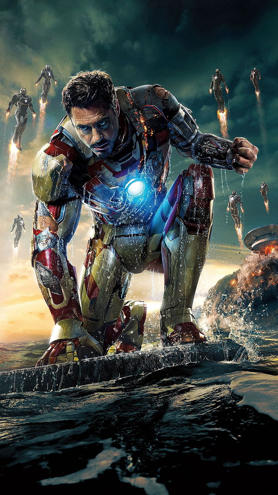 Iron Man Battle Damaged Armor Kneeling on Water with Flying Repulsor Jets HD phone wallpaper