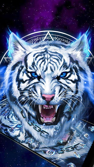 Fierce White Tiger with Blue Eyes and Cosmic Aura Digital Art HD phone wallpaper