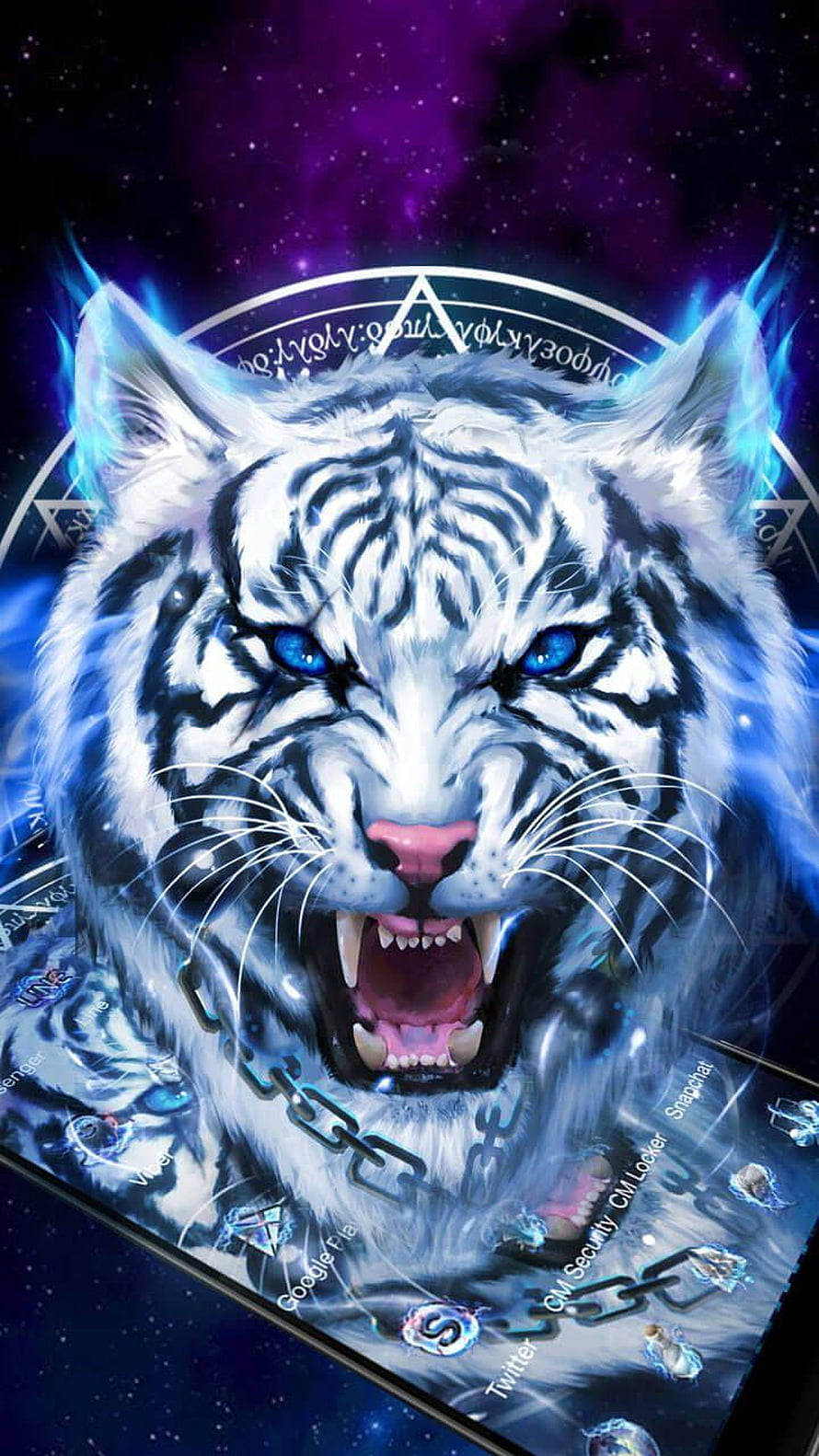 Fierce White Tiger with Blue Eyes and Cosmic Aura Digital Art HD phone wallpaper
