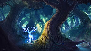 Glowing Spirit Deer in a Mystical Ancient Forest with Bioluminescent Light HD wallpaper