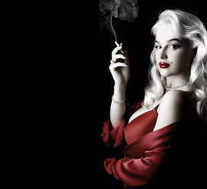 Blonde Woman in Red Dress Smoking Cigarette Against Black Background HD wallpaper