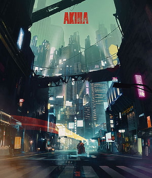 Akira Cyberpunk Cityscape with Neon Signs and Rainy Street HD phone wallpaper