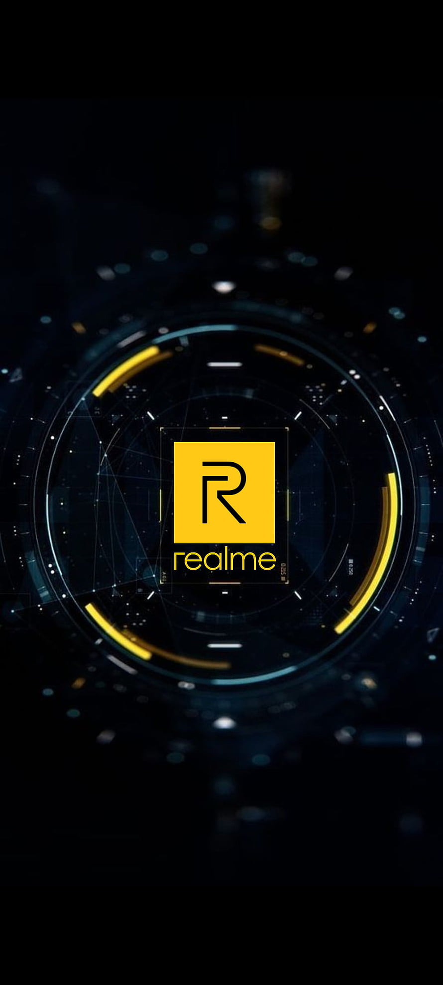 Realme Logo on Futuristic Dark Tech Interface with Yellow Accents HD phone wallpaper