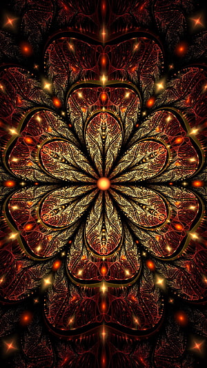 Intricate Golden Fractal Flower with Glowing Red Petals and Sparkling Light Effects on Black Background HD phone wallpaper