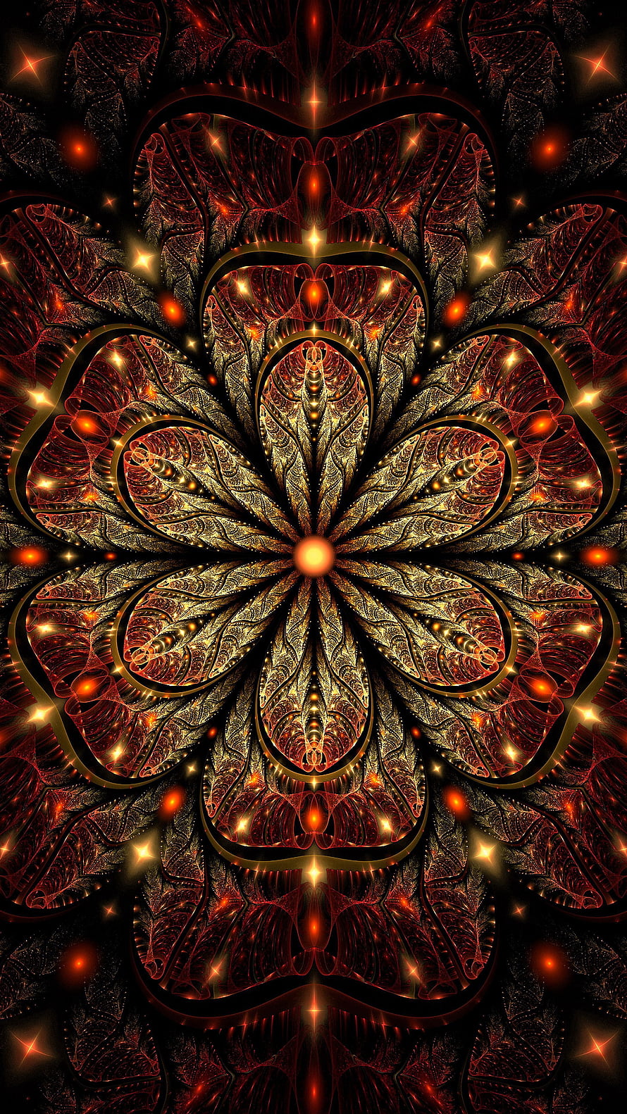 Intricate Golden Fractal Flower with Glowing Red Petals and Sparkling Light Effects on Black Background HD phone wallpaper