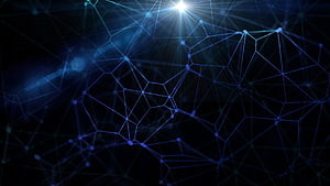 Abstract Blue Digital Network Mesh with Glowing Nodes and Bright Light Burst on Dark Background HD wallpaper
