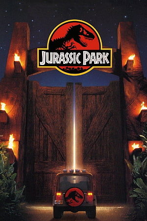 Jurassic Park Movie Poster Featuring Iconic Logo, Wooden Gates, and Jeep at Night HD phone wallpaper