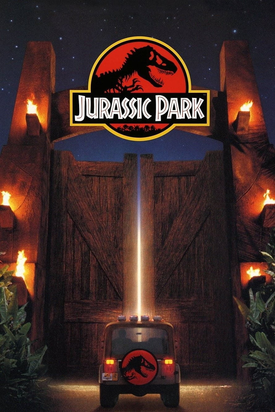 Jurassic Park Movie Poster Featuring Iconic Logo, Wooden Gates, and Jeep at Night HD phone wallpaper
