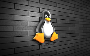 3D Linux Tux Penguin Logo on Dark Gray Brick Wall Background HD wallpaper