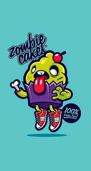 Zombie Cake cartoon character illustration with teal background and playful design HD phone wallpaper