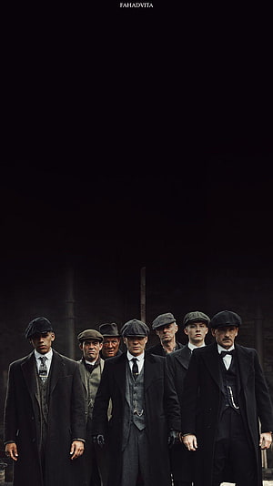 Peaky Blinders Gang Members in Period Suits and Flat Caps Against Dark Industrial Backdrop HD phone wallpaper