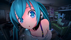 Hatsune Miku Anime Character in a Dimly Lit Bedroom with Green Sofa and Bunk Bed HD wallpaper