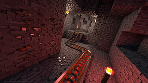Minecraft Nether Fortress Interior With Redstone Powered Rail Track HD wallpaper