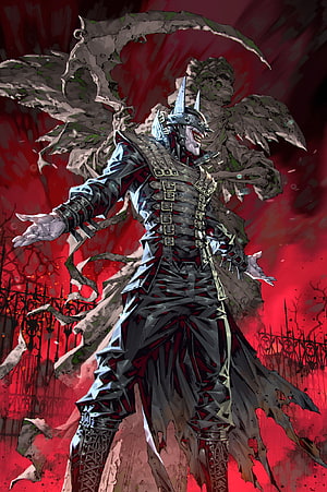 The Batman Who Laughs in Dark Armor with Tattered Wings Against Crimson Sky HD phone wallpaper