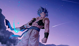 Gogeta Super Saiyan Blue Artwork with Energy Aura Against a Starry Night Sky HD wallpaper