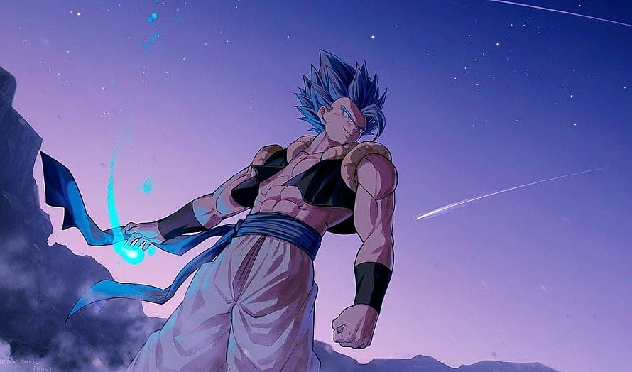 Gogeta Super Saiyan Blue Artwork with Energy Aura Against a Starry Night Sky HD wallpaper