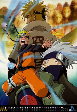 Naruto Uzumaki, Kakashi Hatake, and Minato Namikaze in Dynamic Anime Action Scene HD phone wallpaper