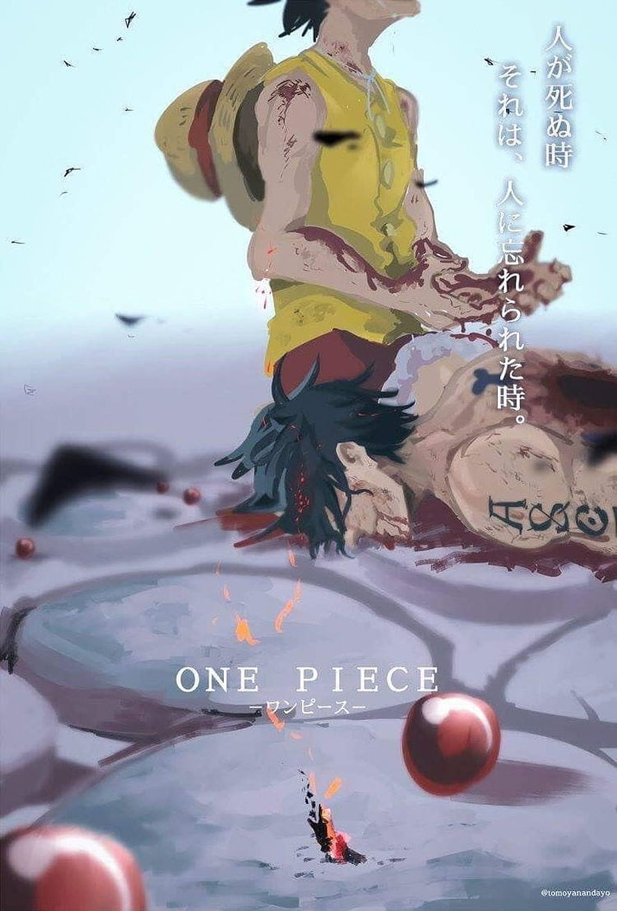 One Piece Ace Anime Illustration With Dramatic Water Scene And Japanese Text HD phone wallpaper