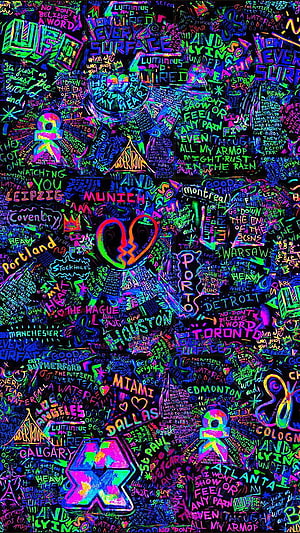 Coldplay Mylo Xyloto Tour Poster with Neon City Names and Doodle Art HD phone wallpaper