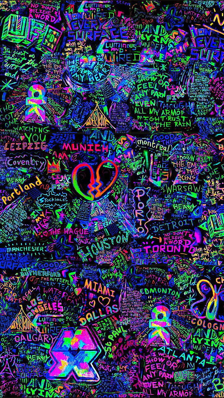 Coldplay Mylo Xyloto Tour Poster with Neon City Names and Doodle Art HD phone wallpaper
