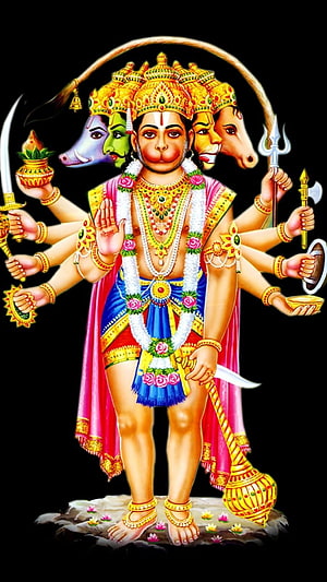 Panchmukhi Hanuman Five-Headed Hindu Deity Illustration with Weapons and Divine Crown, Panchmukhi Hanuman, Panchmukhi, Hanuman HD phone wallpaper