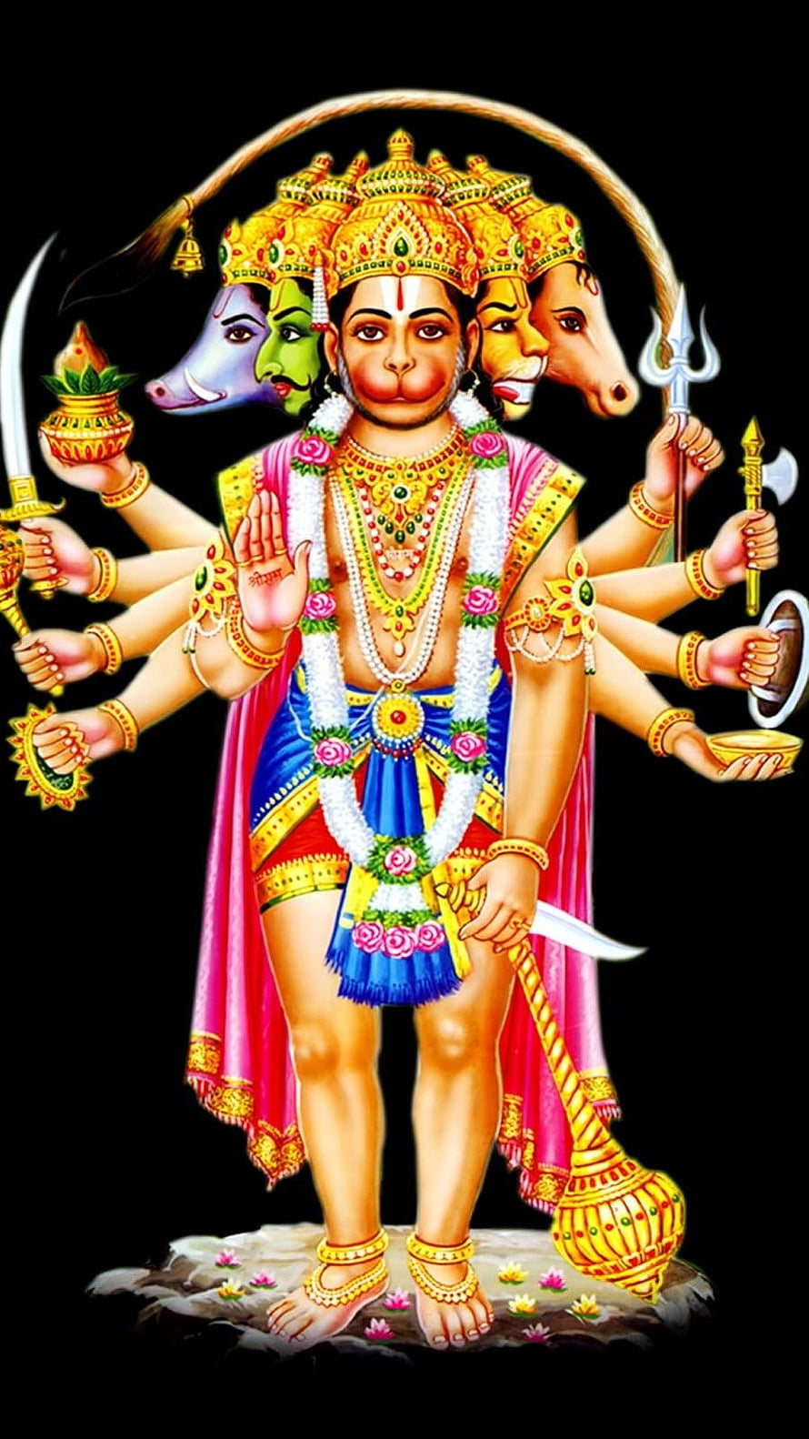 Panchmukhi Hanuman Five-Headed Hindu Deity Illustration with Weapons and Divine Crown, Panchmukhi Hanuman, Panchmukhi, Hanuman HD phone wallpaper