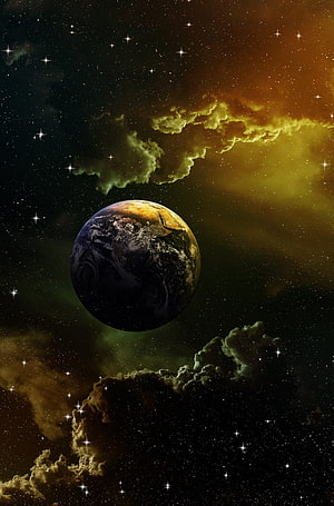 Earth Planet Floating in Golden Cosmic Nebula with Starfield HD phone wallpaper