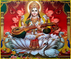 Saraswati Devi Playing Veena on Lotus Throne with Swans and Peacocks HD wallpaper