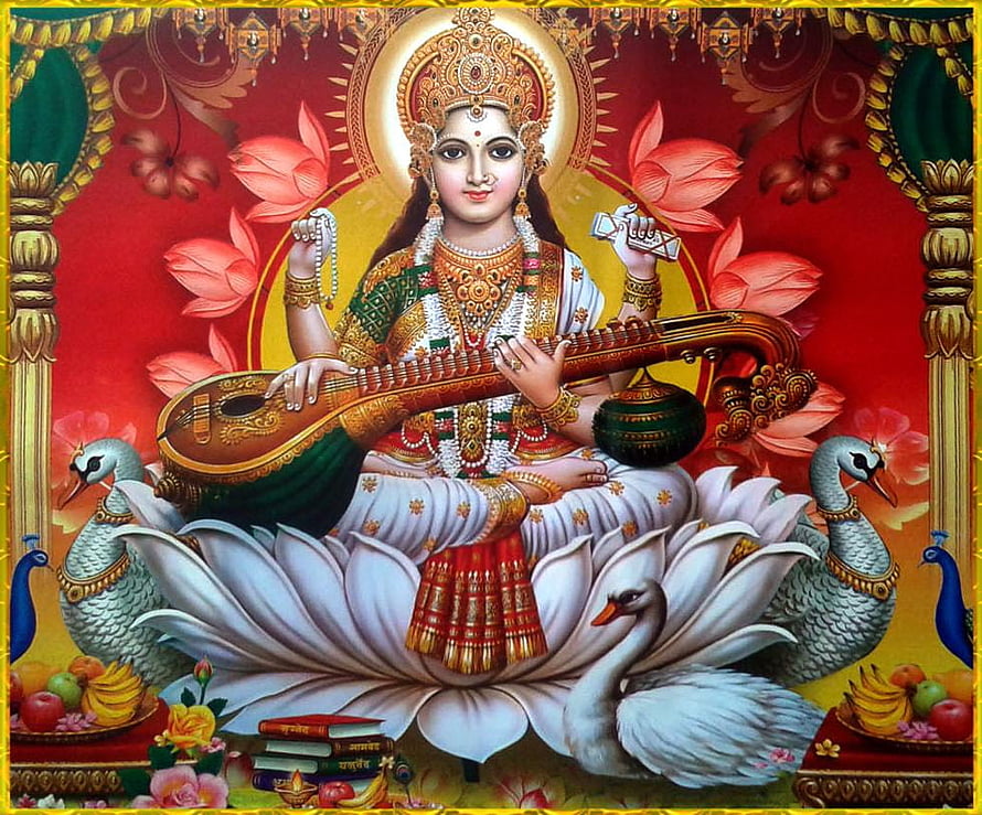 Saraswati Devi Playing Veena on Lotus Throne with Swans and Peacocks HD wallpaper