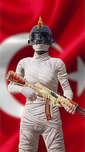 PUBG Mobile Yaman54 Character with Gold Rifle and Skull Helmet HD phone wallpaper
